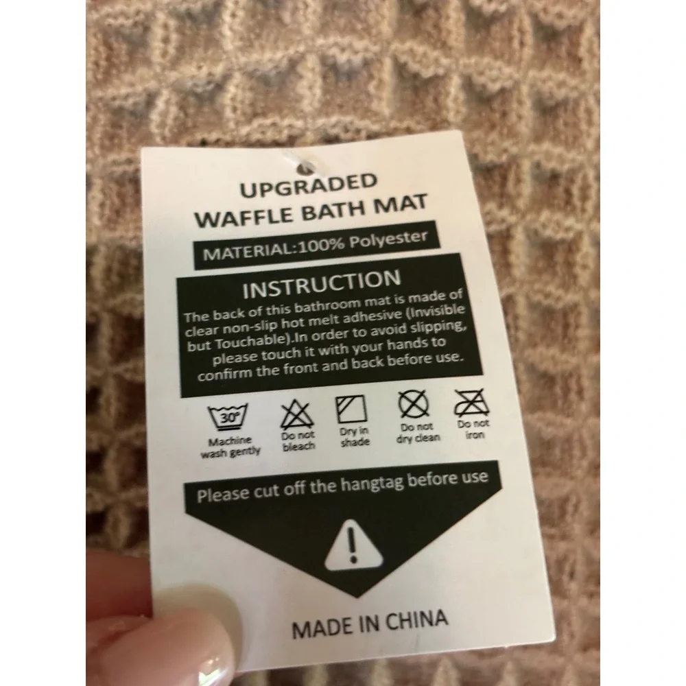 Upgraded Waffle Bath Mat Tan Fringed Non-Slip Honeycomb Texture 100% Polyester